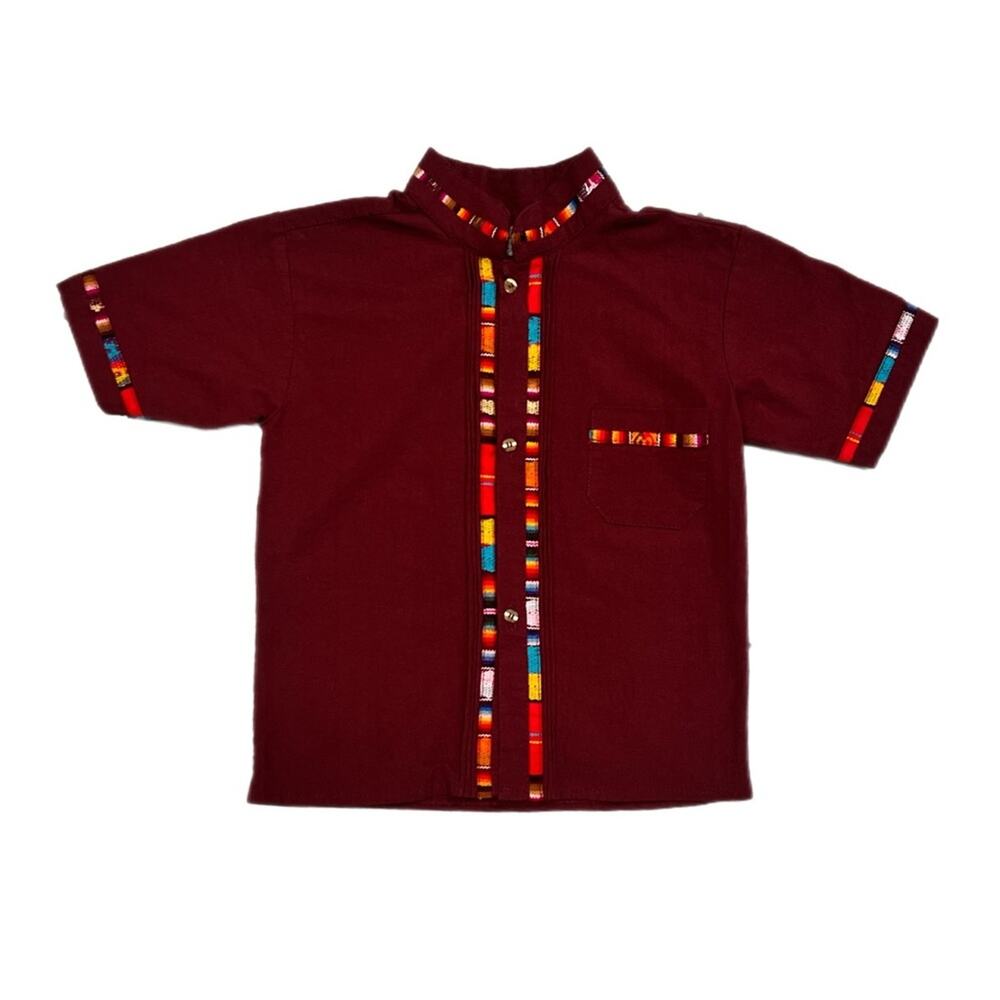 Woven Trim Burgundy Short Sleeve YOUTH  Button Up